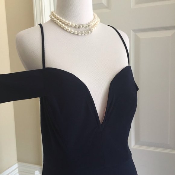 Dark Navy Off the Shoulder Side Slit Formal Dress - Picture 5 of 13
